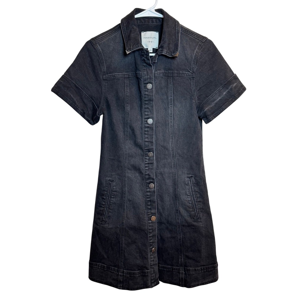 Habitual Women's XS Black Denim Button Down Short Sleeve Mini Dress